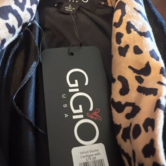 gigio Womens‎ Velvet Duster Cardigan With Leopard Trim kimono with pockets maxi - Picture 3 of 4